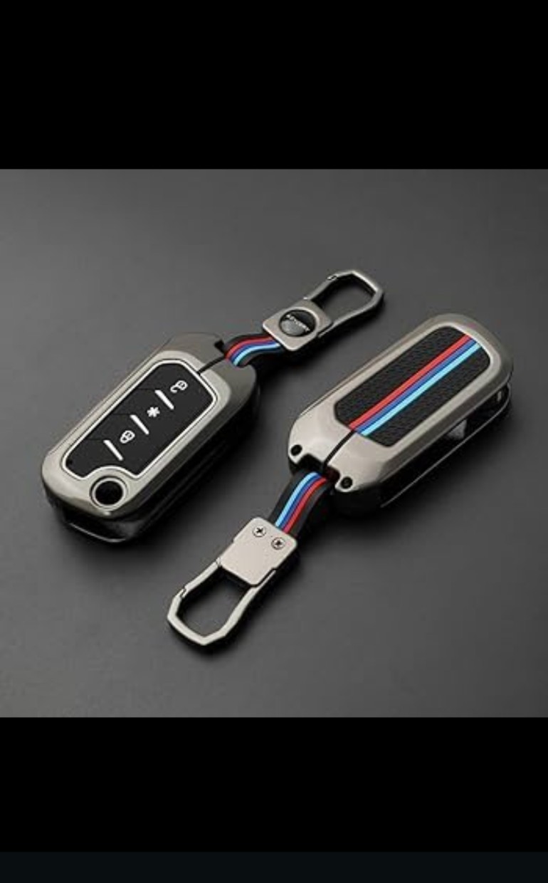 Metal car key cover with striped trim and keychain hook